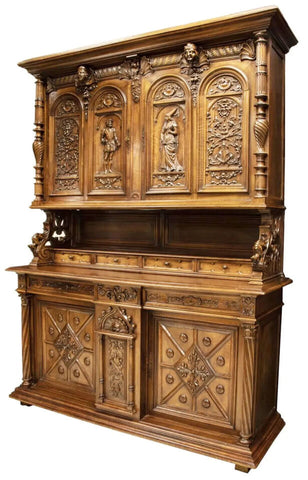 Antique Buffet, Deux Corps, Sideboard, French Well-Carved Walnut, Large, 1800's - Old Europe Antique Home Furnishings