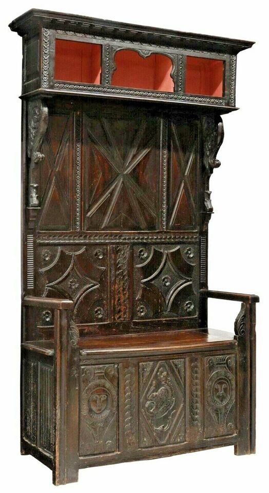 Antique Hall Tree Bench, French Carved Wood Walnut, w/ Storage