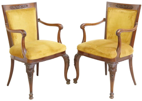 Armchairs, 2, Continental Carved Mahogany Yellow Velvet, Vintage - Old Europe Antique Home Furnishings