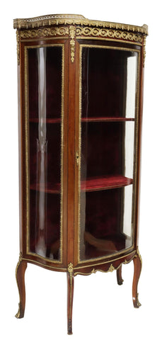 Antique Vitrine Display Cabinet, French Louis XV Style Marble-Top Mahogany,1800s - Old Europe Antique Home Furnishings