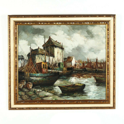 Painting, Oil on Canvas, "Belgian Harbor", A Mid-Century Framed Painting - Old Europe Antique Home Furnishings