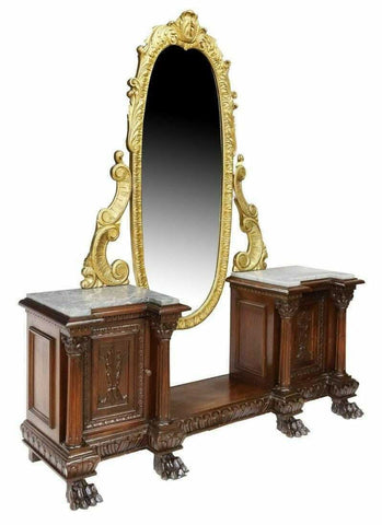 Antique Vanity, Dressing Table, Mirror, Renaissance Revival, Walnut, Early 1900s - Old Europe Antique Home Furnishings