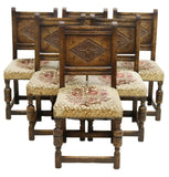 Dining Chairs, Vintage, Six, English Jacobean Style Oak,  Upholstered 1900's!! - Old Europe Antique Home Furnishings