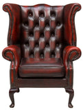 Chair, Wingback, Leather, Oxblood English Queen Anne Style,Button-Tufted, 1900's - Old Europe Antique Home Furnishings