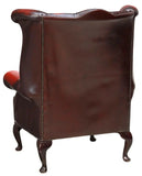 Chair, Wingback, Leather, Oxblood English Queen Anne Style,Button-Tufted, 1900's - Old Europe Antique Home Furnishings