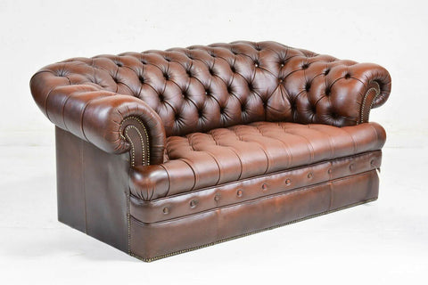 Loveseat / Sofa, Chesterfield, British Brown Leather, Two Seater, NailHead Trim - Old Europe Antique Home Furnishings