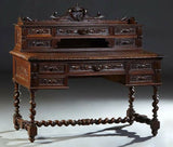 Antique Desk, French Henri II Style Carved, Oak, Rope Twist Legs, c. 1880's - Old Europe Antique Home Furnishings