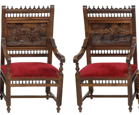 Antique Armchairs, French Breton Carved Oak Chairs, Red Velvet, Early 1900s!! - Old Europe Antique Home Furnishings