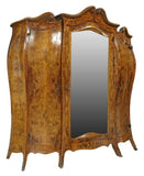Armoire, Italian Venetian Burled Walnut Triple Door, Mirrored, Foliate, 1900's!! - Old Europe Antique Home Furnishings