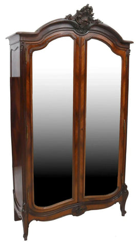 Armoire, French Louis XV Style Rosewood, Two Doors, Mirrored,  Crest,  1900's! - Old Europe Antique Home Furnishings