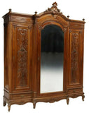 Antique Armoire, Triple, Louis XV Style Breakfront, Mirrored, Crest, 1800's! - Old Europe Antique Home Furnishings