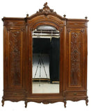 Antique Armoire, Triple, Louis XV Style Breakfront, Mirrored, Crest, 1800's! - Old Europe Antique Home Furnishings