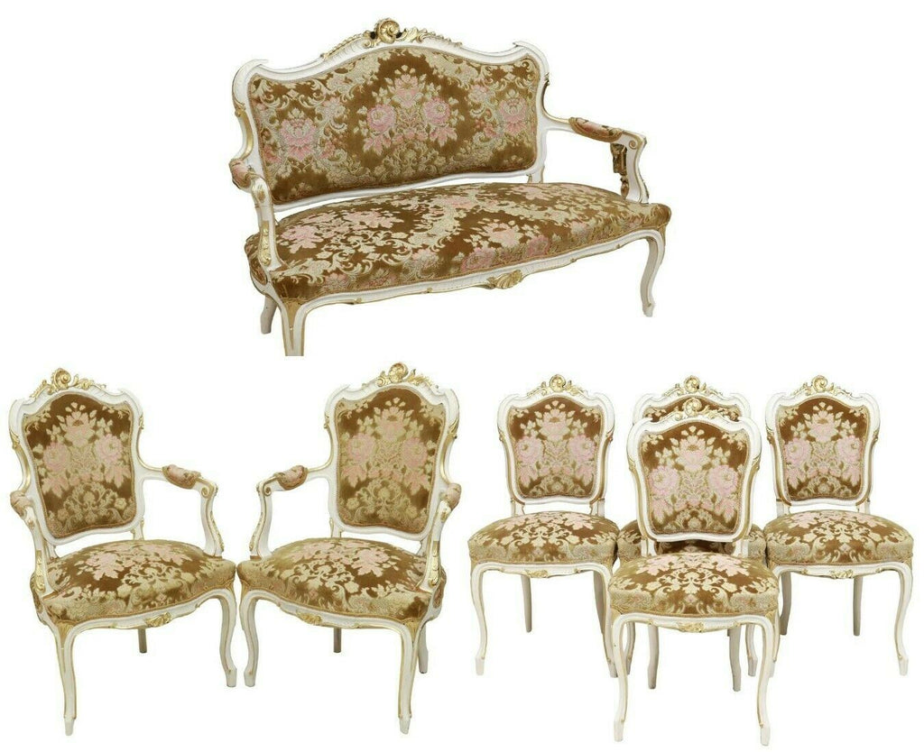 Antique Parlor Set, French, Louis XV Style Parcel Gilt, 7 Piece