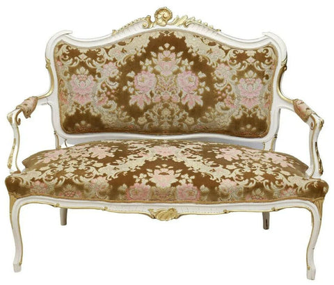 Antique Parlor Set, French, Louis XV Style Parcel Gilt, 7 Piece