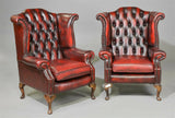 Chairs,  Red Leather, British, Chesterfield,  Wing Back, Tufted, Set of Two!! - Old Europe Antique Home Furnishings