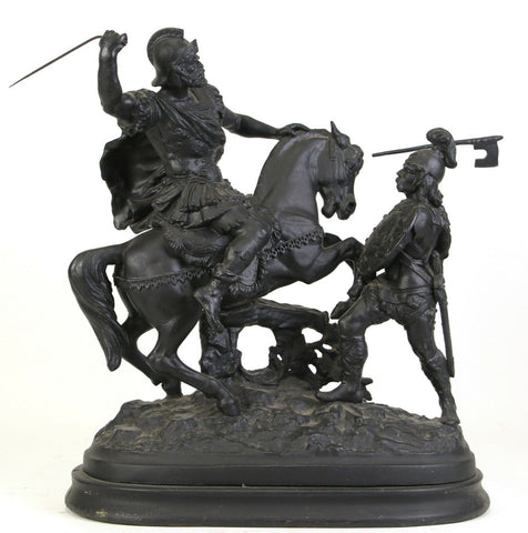 CAST VIC. SPELTER WARRIOR FIGURES Height: 18 in. by Width: 20 in. by Depth: 7 1/2 in. - Old Europe Antique Home Furnishings