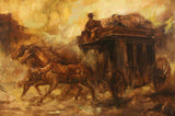 Oil on Canvas of Western Scene Signed with Horses Pulling a Stagecoach, Nice! - Old Europe Antique Home Furnishings