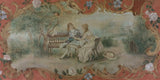 Antique Tapestry, Continental Painted, Wall, "Courting Couple" in Garden, 1800s - Old Europe Antique Home Furnishings