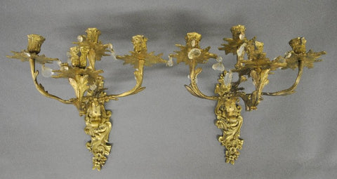 Two Cast Brass Metal Leaf-form wall sconces, early 20th century - Old Europe Antique Home Furnishings