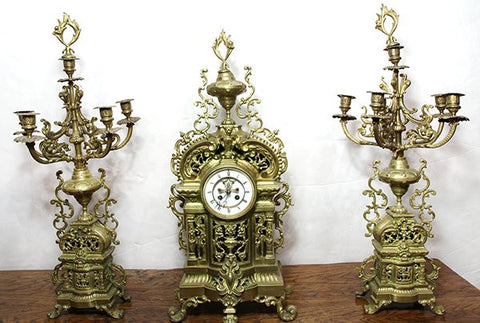 Very Large French Louis XV style gilt bronze clock with 2 candelabra. ( likely 1800s )) - Old Europe Antique Home Furnishings
