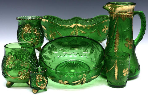 Pressed Glass, Gilt Green Table Items 19th century ( 1800s ) - Old Europe Antique Home Furnishings