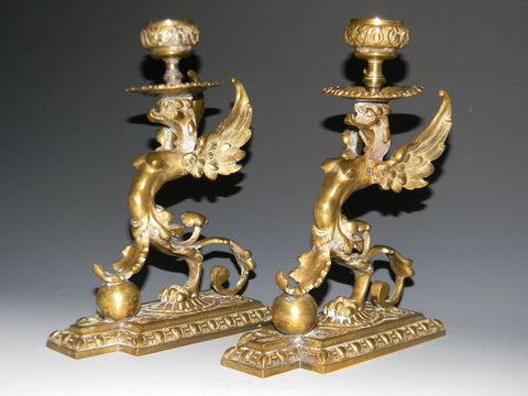 Pair of Brass Renaissance Revival Candlesticks. 19th Century ( 1800s ) - Old Europe Antique Home Furnishings