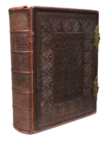 Large Antique English Leather  and Brass Bound Holy Bible 19th Century ( 1800s ) - Old Europe Antique Home Furnishings