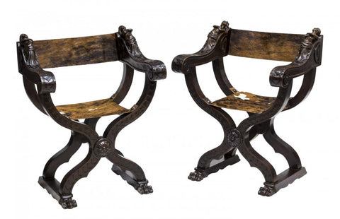 Figural Carved Savonarola Folding Chairs,19th C 1800s, Antique! - Old Europe Antique Home Furnishings