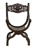 Antique Chair, Curule, Savonarola, Italian Renaissance Reival Carved, 19th C ., 1800s, Charming!! - Old Europe Antique Home Furnishings