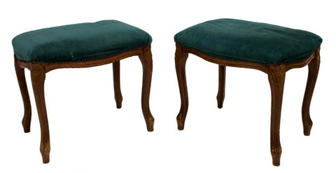 Antique Stools, Foot, Green  Upholstered, Louis XV Style, Charming Pair!! - Old Europe Antique Home Furnishings