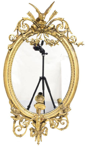 Antique Early 19th Century French Gold Leaf Oval Mirror w/ Bow and