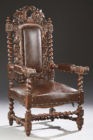 French Louis XIII Style Carved Oak Upholstered Armchair, 19th Century ( 1800s ) - Old Europe Antique Home Furnishings