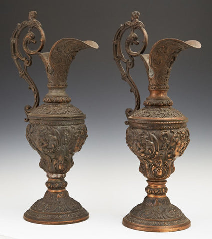 Beautiful Pair of Copper Patinated Spelter Baluster Ewers, 19th Century 1800's!! - Old Europe Antique Home Furnishings