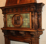 French fireplace mantel in walnut with armory on hood, 19th Century ( 1800s ) - Old Europe Antique Home Furnishings
