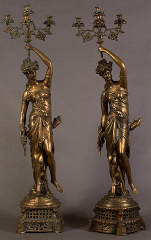Pair of Large Bronze Five Light Figural Candelabra, - Old Europe Antique Home Furnishings