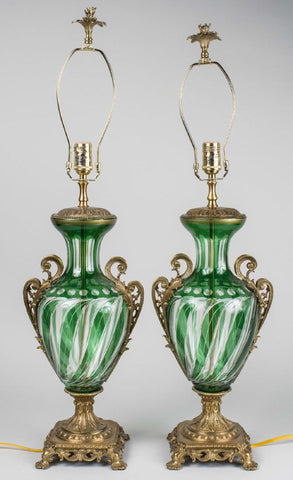 Stunning Pair of Bronze Mounted Bohemian Style Glass Lamps!!! - Old Europe Antique Home Furnishings
