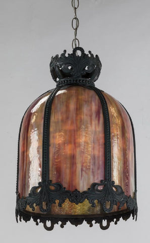 Lamp, Dome Pendant, Hangina, Beautiful Slag Glass & Patinated Metal , 31" H - Old Europe Antique Home Furnishings