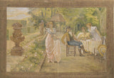 PAINTED WALL TAPESTRY, BREAKFAST IN THE GARDEN, early 1900s - Old Europe Antique Home Furnishings