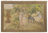 PAINTED WALL TAPESTRY, BREAKFAST IN THE GARDEN, early 1900s - Old Europe Antique Home Furnishings