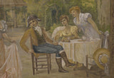 PAINTED WALL TAPESTRY, BREAKFAST IN THE GARDEN, early 1900s - Old Europe Antique Home Furnishings