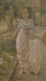 PAINTED WALL TAPESTRY, BREAKFAST IN THE GARDEN, early 1900s - Old Europe Antique Home Furnishings