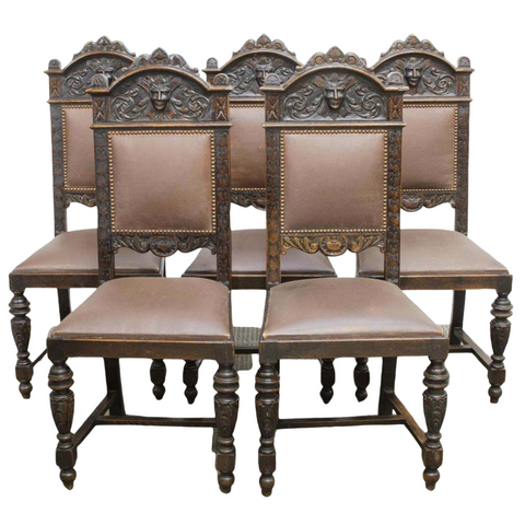 Antique Chairs, Dining, French Henri II Style, Carved Oak, Set of Five, 1800's! - Old Europe Antique Home Furnishings