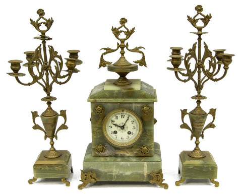 Antique Clock, ,Onyx, & Garnitures, Napoleon III, 19th Century, 1800s, Beautiful!! - Old Europe Antique Home Furnishings