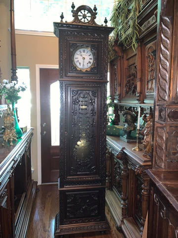 Handsome Antique Brittany Carved Oak Tall Case Clock, 19th Century!! - Old Europe Antique Home Furnishings