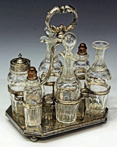 CHARMING VICTORIAN GLASS & SILVERPLATE TABLE CRUET SET, 19th Century ( 1800s )!!! - Old Europe Antique Home Furnishings