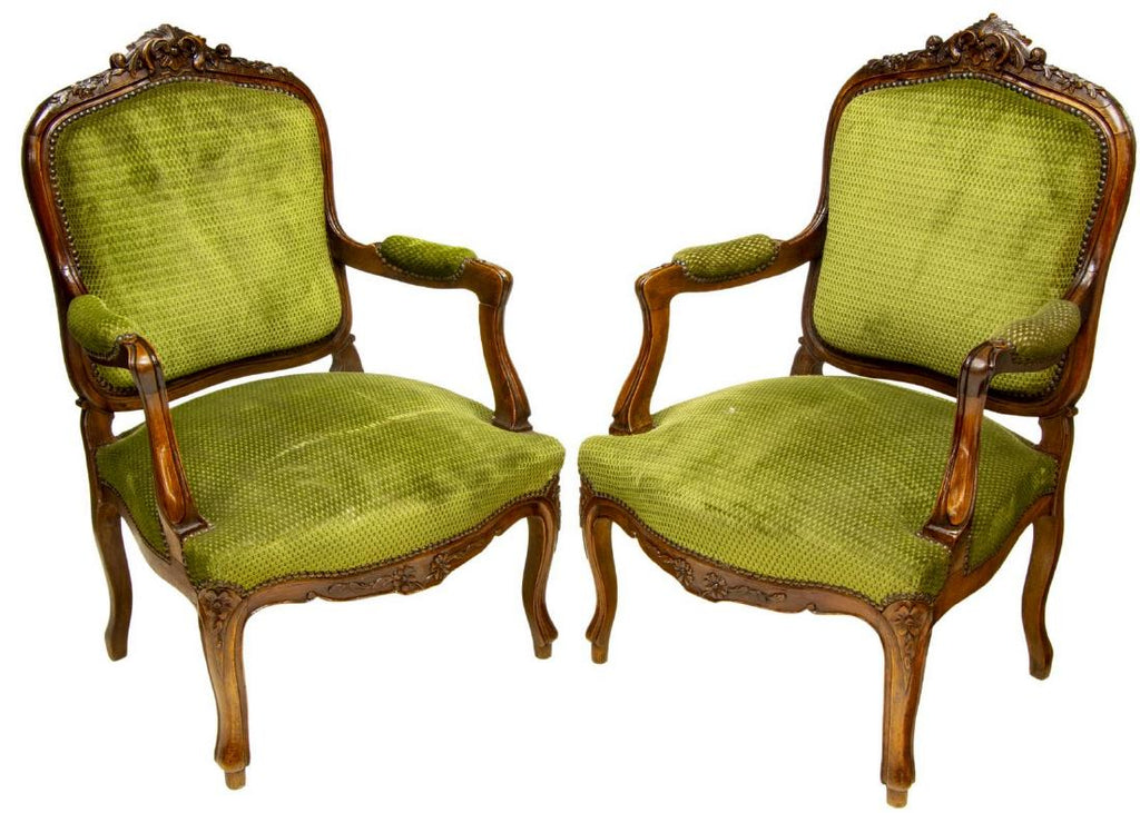 Pair of Circa 1900 Louis XV Style Beech Fauteuil Armchairs