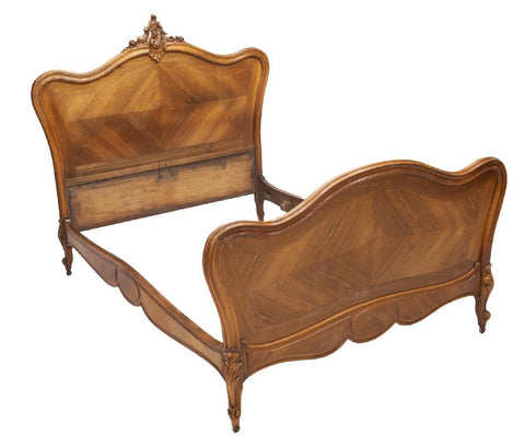 FRENCH LOUIS XV STYLE CARVED WALNUT BED, 19th century ( 1800s ) - Old Europe Antique Home Furnishings