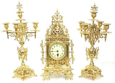 Antique Clock Set, Mantel, Ornate Architectural Ormolu, Set of Three, 19th Century, 1800s, Gorgeous! - Old Europe Antique Home Furnishings