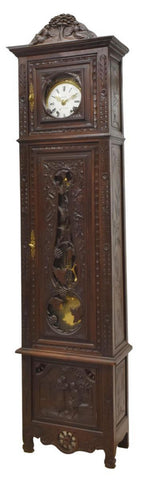 Antique Grandfather Clock French, Brittany Carved Oak Tall Case, 1900's! - Old Europe Antique Home Furnishings