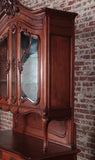 Antique Cabinets, Pair, French Walnut, 2 Part, Glass Shelves, Mirrored, 1900s! - Old Europe Antique Home Furnishings